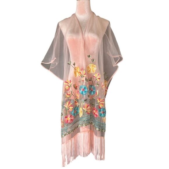 Haute Hippie Pink Mesh Floral Embroidered Fringe Boho, Festival Kimono, OS. NWT! - Picture 1 of 16
